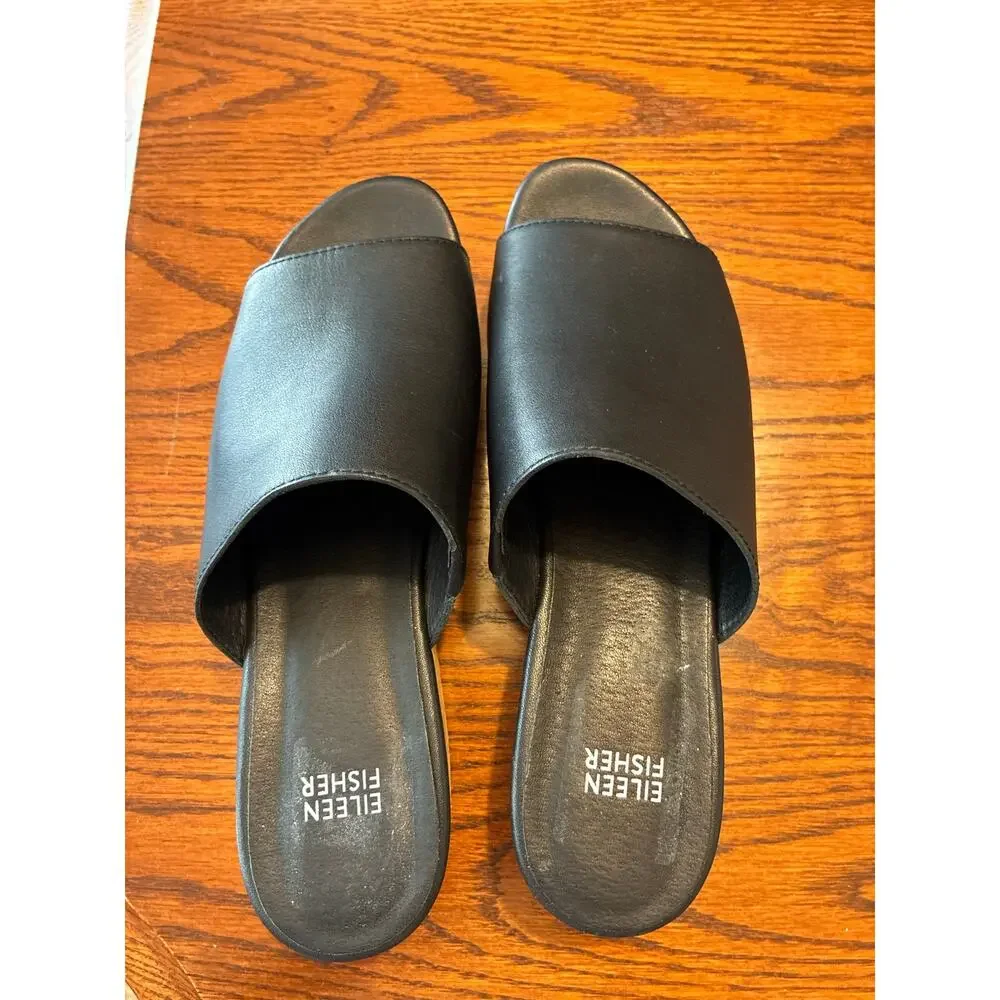 Eileen Fisher Novel Slides Black Leather Wedge Sandal Women's Size 8.5